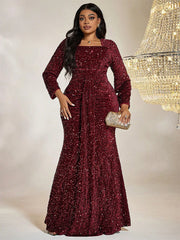 Women Plus Size Maxi Dresses Red Sequin Formal Dress Square Neck