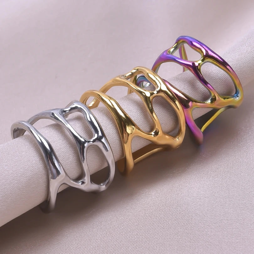 1Pc Stainless Steel Women Personality Textured Chunky Open Rings Punk Hammered