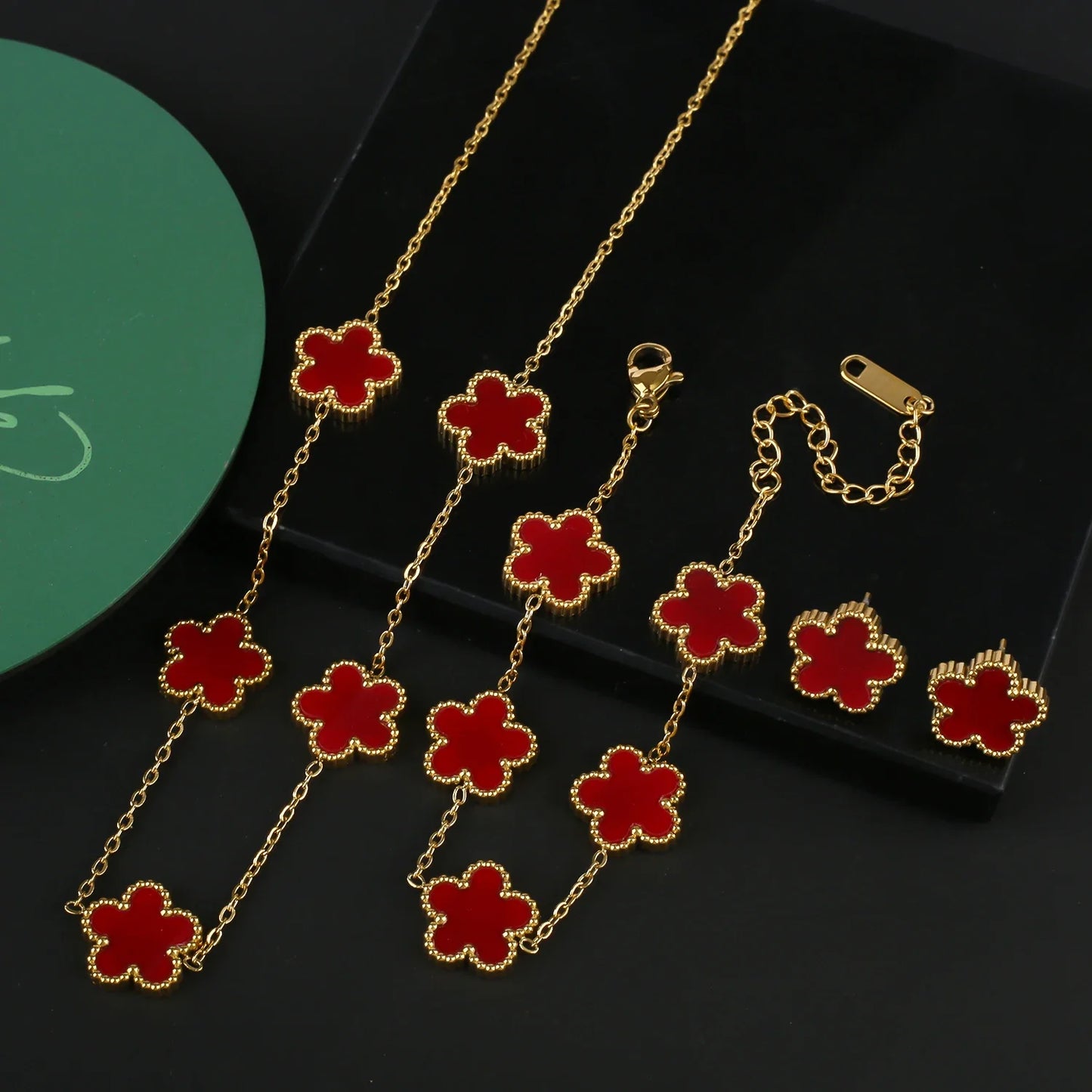 INS Hot Sale Stainless Steel Five Laef Flower Clover Bracelet Jewelry Set Necklace Earrings For Woman Daily Wear Brand Jewelry