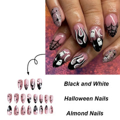 24Pcs Almond Halloween Press on Nails Full Cover French Fake Nails Cartoon Bat Spider