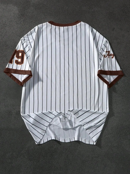 2025 summer new V-neck T-shirt Men's sports printed T-shirt V-neck short-sleeved T-shirt retro baseball chic