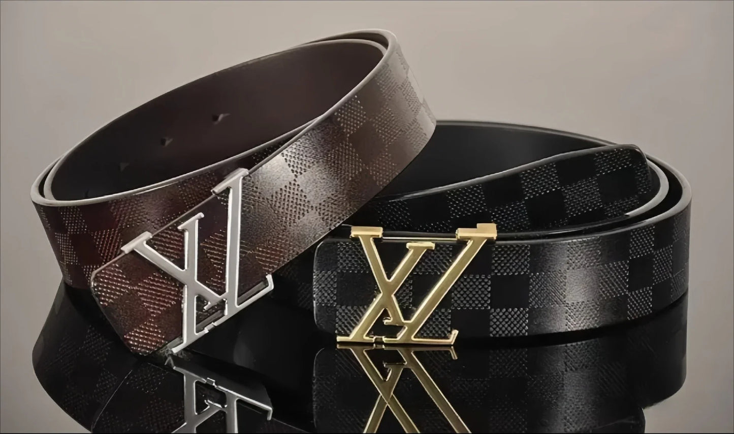 Light Luxury Mens Leather Belt Smooth Buckle Genuine Cowhide Perforated Pattern Fashion Trendy High End Versatile