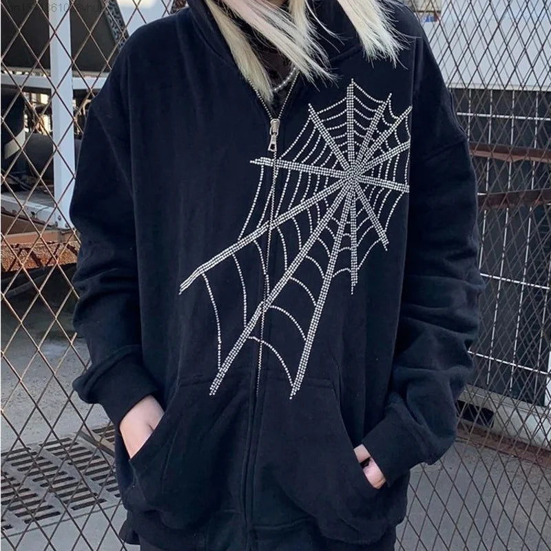 Y2k Gothic Spider Web Diamond Zipper Hoodie Female Autumn Winter Oversize Fashion