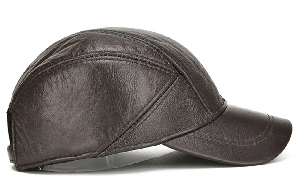 New Style Casual Real Leather Earflap Cap Men Real Cowhide Leather Caps Male Fall Winter Genuine Real Cow Leather Baseball Hats