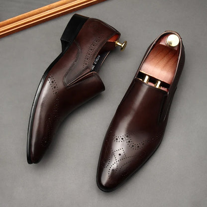 HKDQ  Formal Cow Leather Men Casual Shoes Brand Mens Loafers Dress Shoes Genuine Leather Pointed Tip Slip On Wedding Oxford Shoe