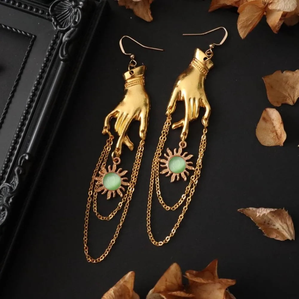 Gothic Hip Hop Gold Color Hands Sun Micro-inlay Gemstone Metal Chain Tassels Dangle Earrings for Women Halloween Party Jewelry