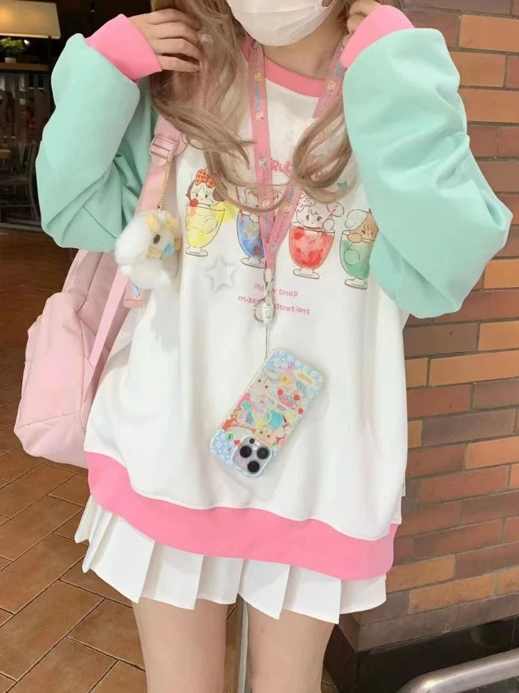 Y2k Harajuku Kawaii Cute Hoodie Women Japanese Fashion Patchwork