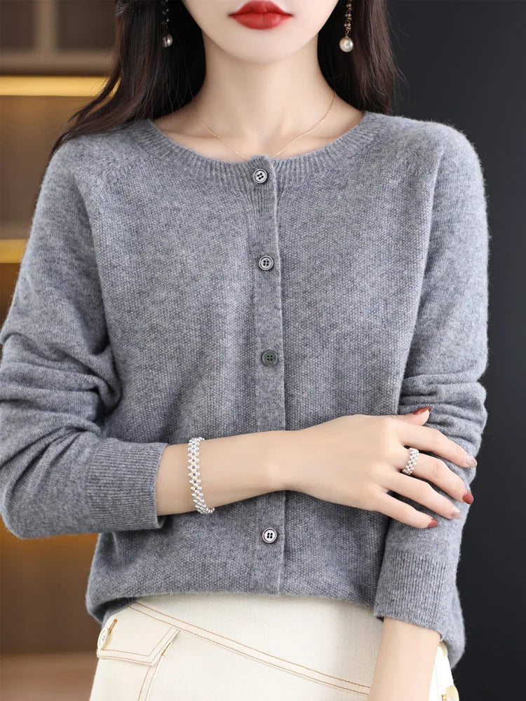 Long Sleeve 100% Merino Wool Sweaters Cashmere Cardigan Spring Autumn Women