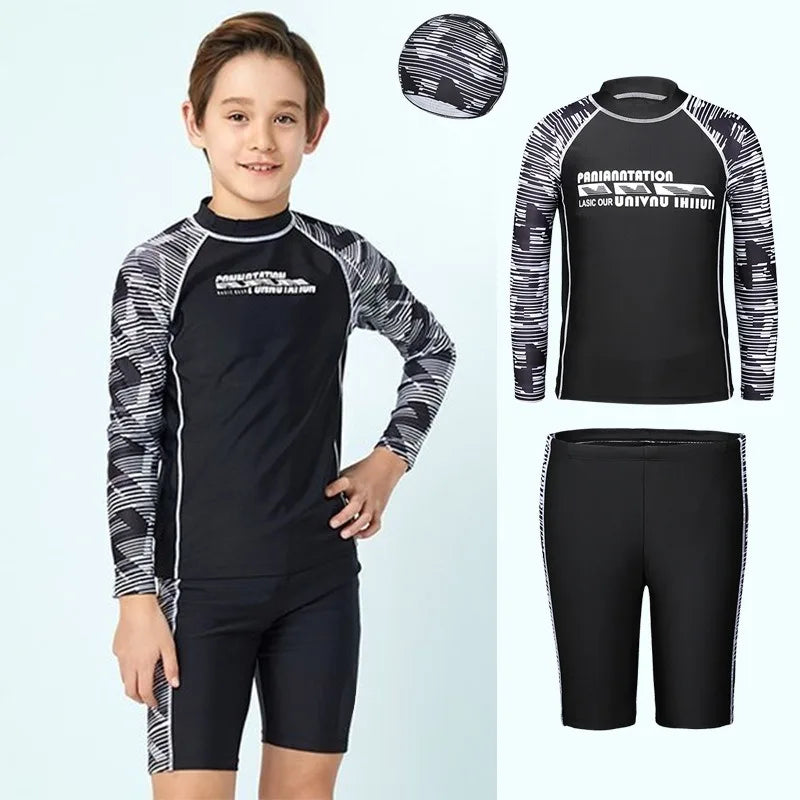 Three-piece Split Swimwear for Boys Teenage Swimsuit Kids Swim Trunks and Caps Long Sleeve Sun Protection Children Swimwear