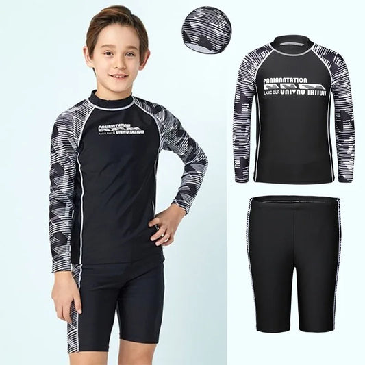 Three-piece Split Swimwear for Boys Teenage Swimsuit Kids Swim Trunks and Caps Long Sleeve Sun Protection Children Swimwear