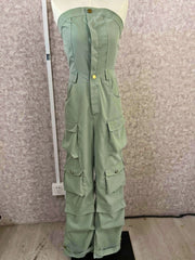 Fashion Women Strapless Button Front Ruched Cargo Jumpsuit