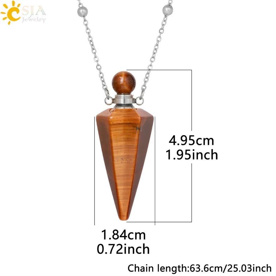 Natural Stone Cone Perfume Bottle necklace Healing Clear Quartz Crystal Pendant Reiki Essentials Oil Diffuser Vial Necklace H119