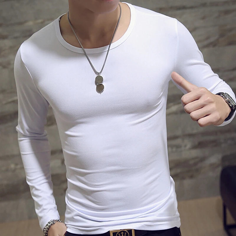White Solid Color Basic Slim Men T-shirt Spring Autumn Bottoming Shirt Men Round Neck V-neck Casual Tops Long-sleeve Shirts