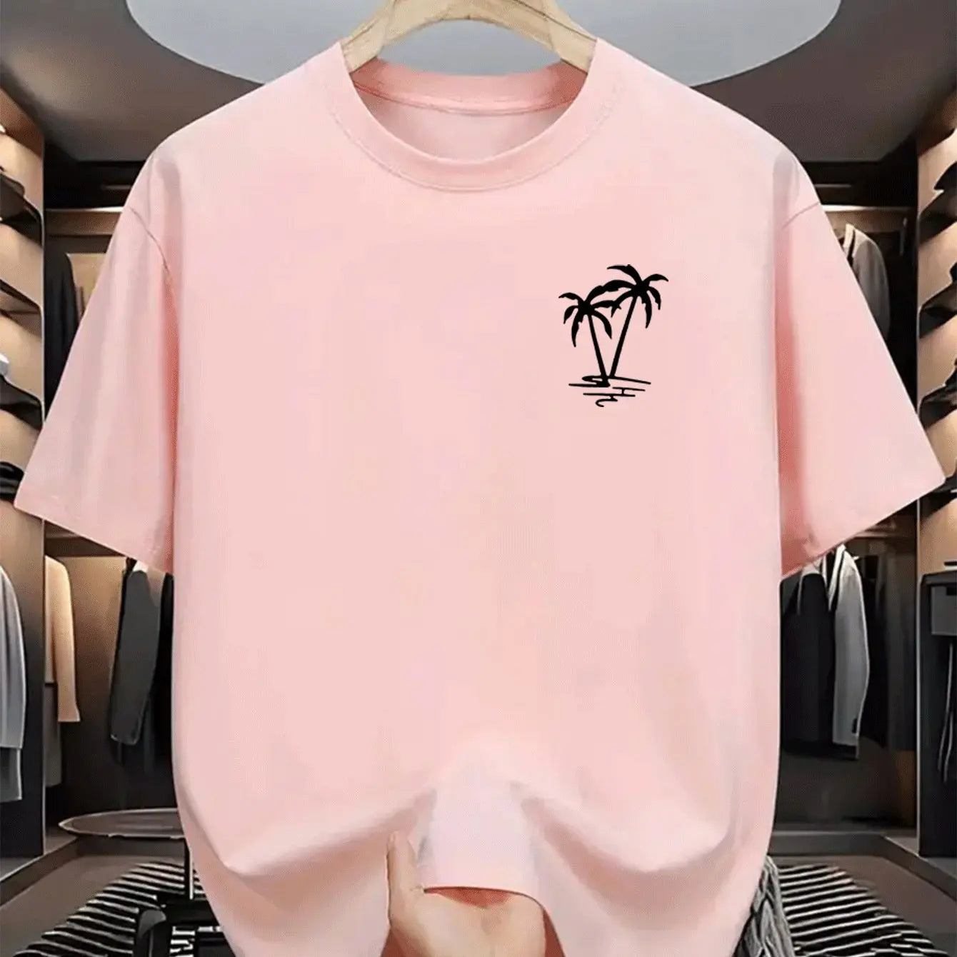 Men's summer 100% cotton fashionable casual loose coconut tree pattern printed sports round neck short sleeved T-shirt top