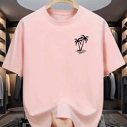 Men's summer 100% cotton fashionable casual loose coconut tree pattern printed sports round neck short sleeved T-shirt top