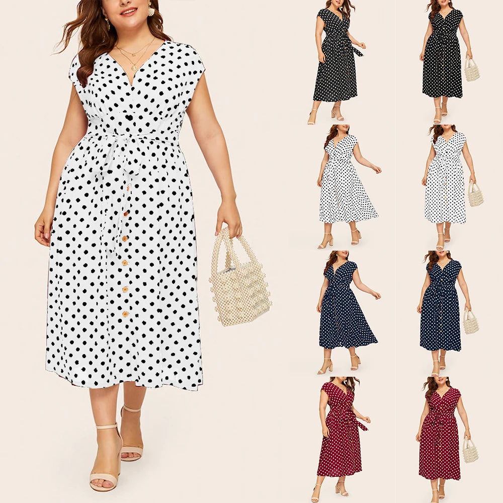 Plus Size L-5XL Polka Dot Print Midi Shirt Dress Belt Summer New Sleeveless V-neck Buttons Dress Elegant Long Skirt Streetwear