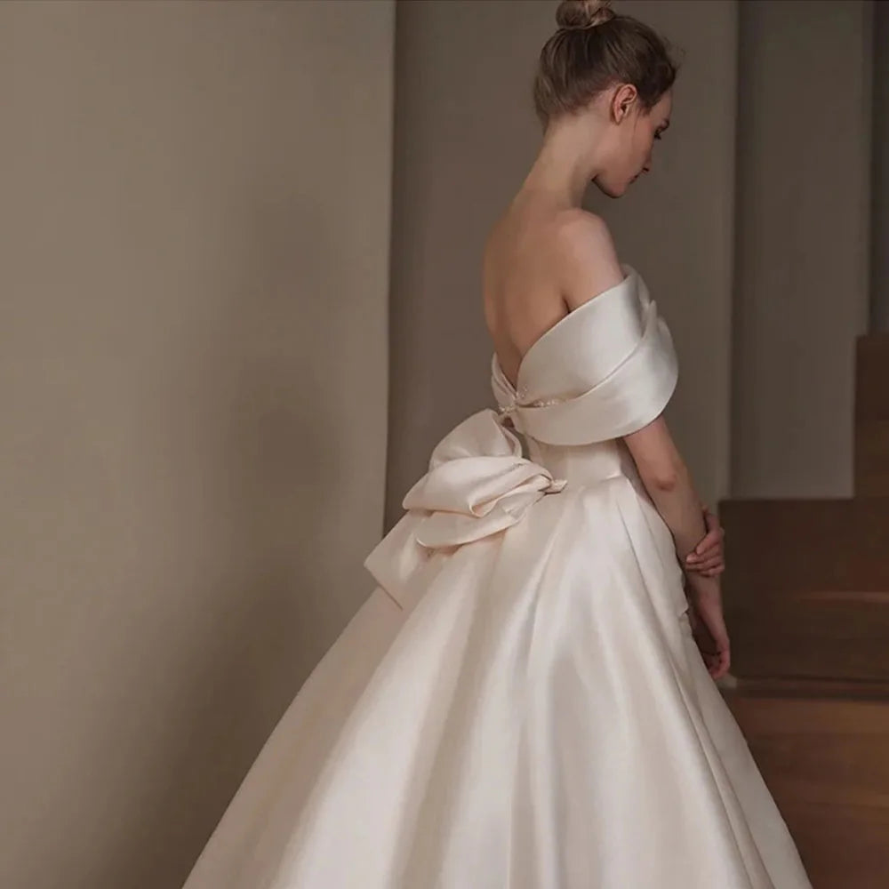 White Bridesmaid Dresses: Off The Shoulder Short Sleeve Neck Beading Bow Satin