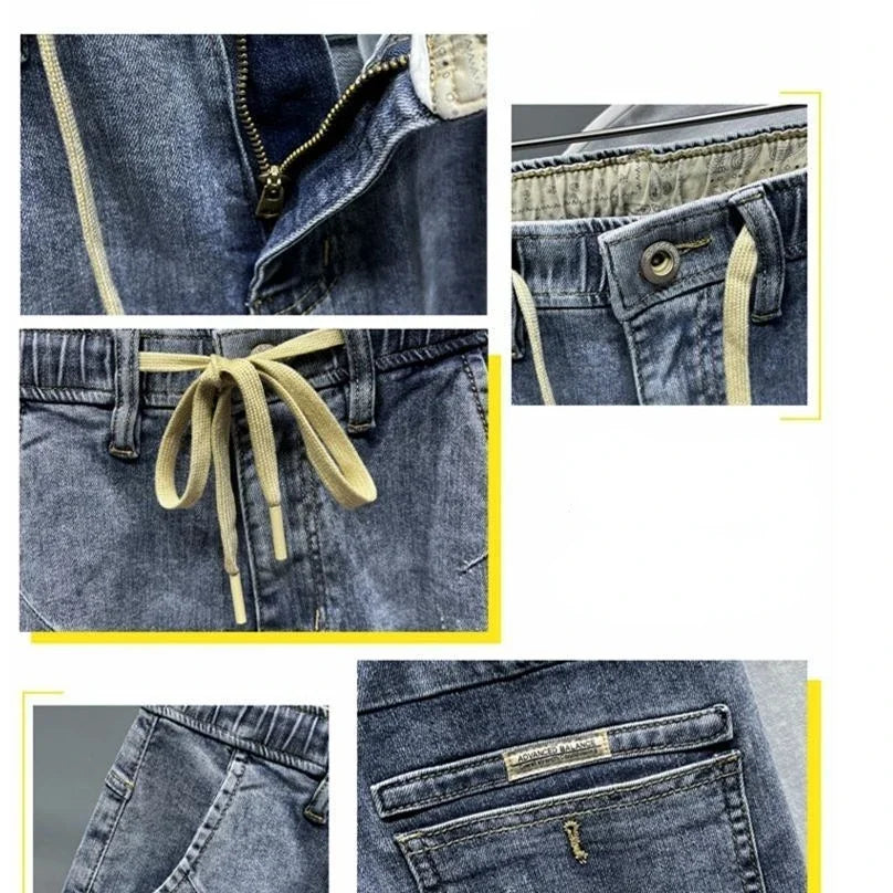 Men Jeans Overalls Elastic Drawstring Cargo Washed Clothing Tapered Baggy