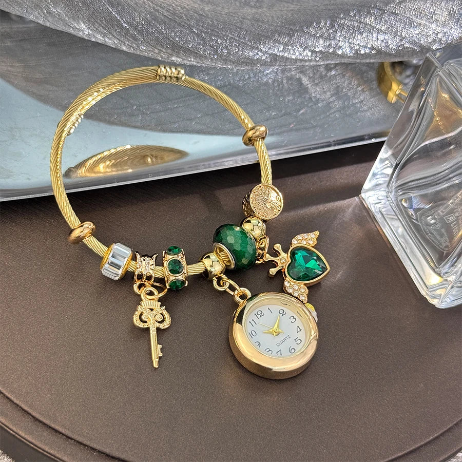 Cross-border Gold Bracelet Watch Adjustable opening Alloy bracelet Quartz Watch Beaded Small flower bracelet Watch