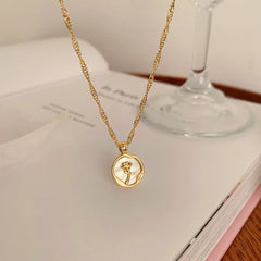 irregular Round shell metal Rose Pendant stainless steel necklace for women