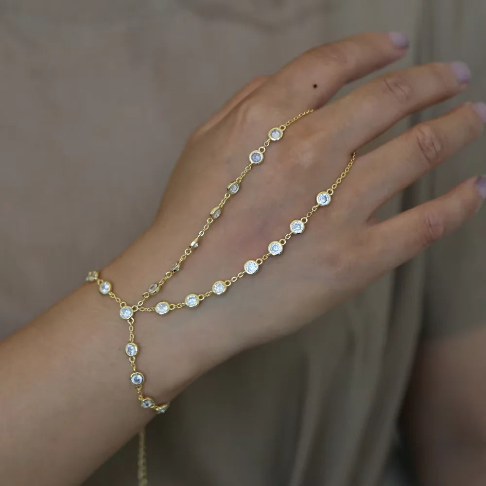 2025 New Geometric Marquise Cubic Zirconia CZ Paved Double Wrist Hand Chain Bracelet Simple Fashion Women Finger Slave Jewelry