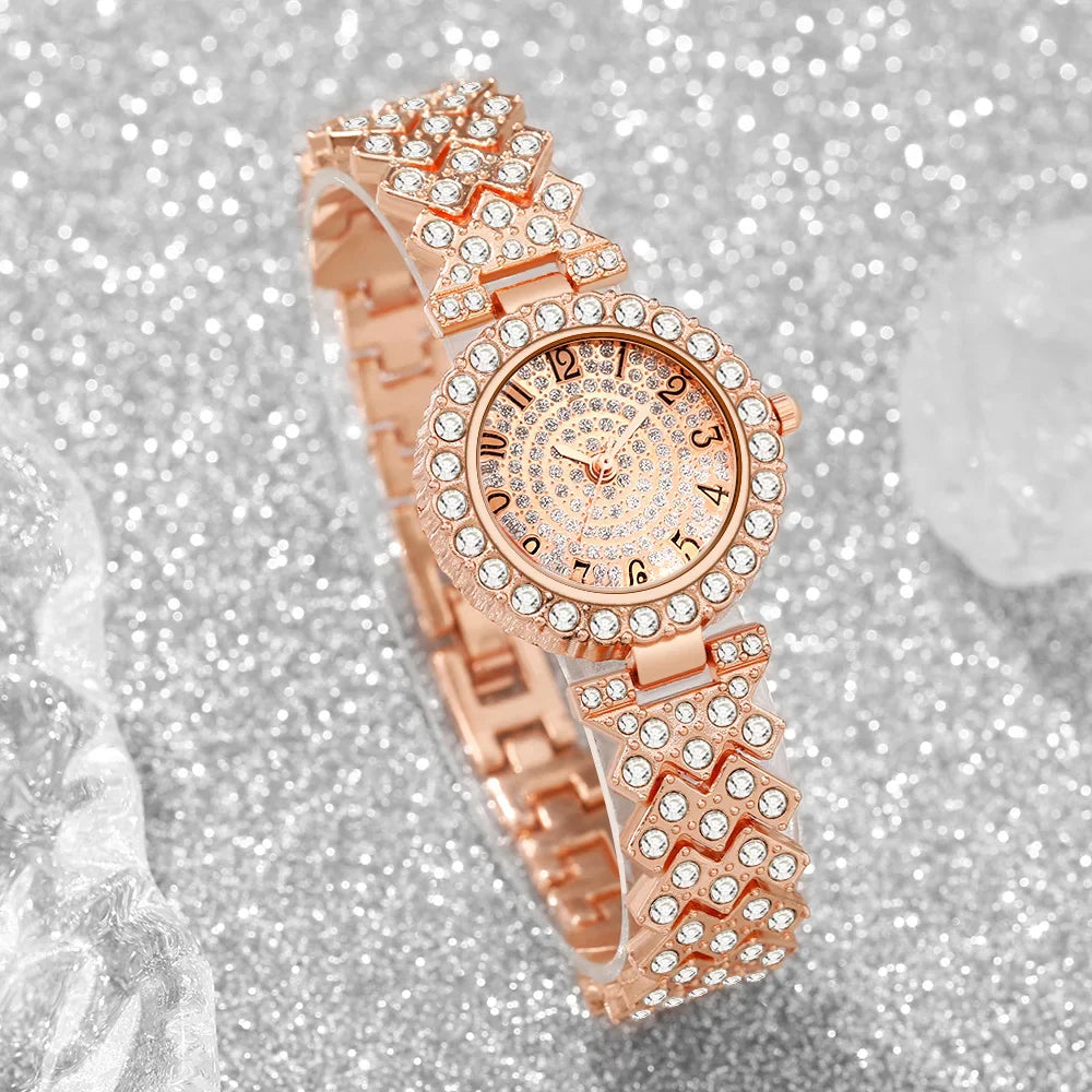 5pcs Luxury Rhinestone Women's Quartz Watch Elegant Ladies Bracelet Wristwatch Jewelry Set（Without Box）