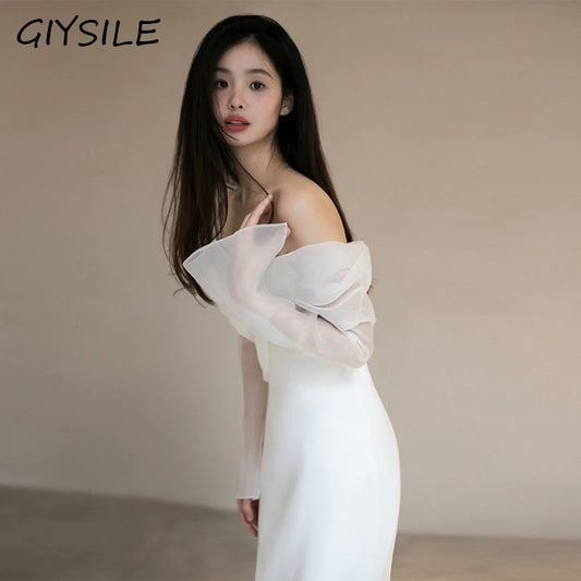 One Shoulder Satin Light Wedding Dress with Simple and Slim Fit Sweet