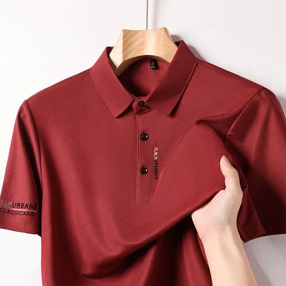 New Men's Business Casual Short Sleeved Shirt with Badge Solid Color Polo Shirt Fashionable Breathable Comfortable Versatile Top