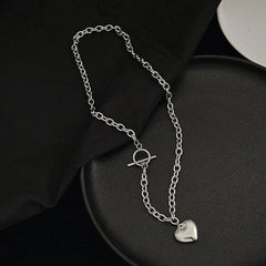 Punk Thick Lock Chain Heart Shape Pendant Choker Necklace for Women Retro Silver