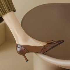 Women Pumps Split Leather High Heels Square Toe Thin Heel