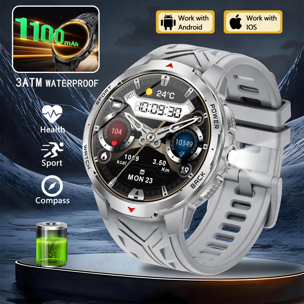 1100mAh Military Outdoor Smart Watch Men 1.7-inch Large Display Compass Sports Watch IP68 Waterproof Bluetooth Call Smartwatch