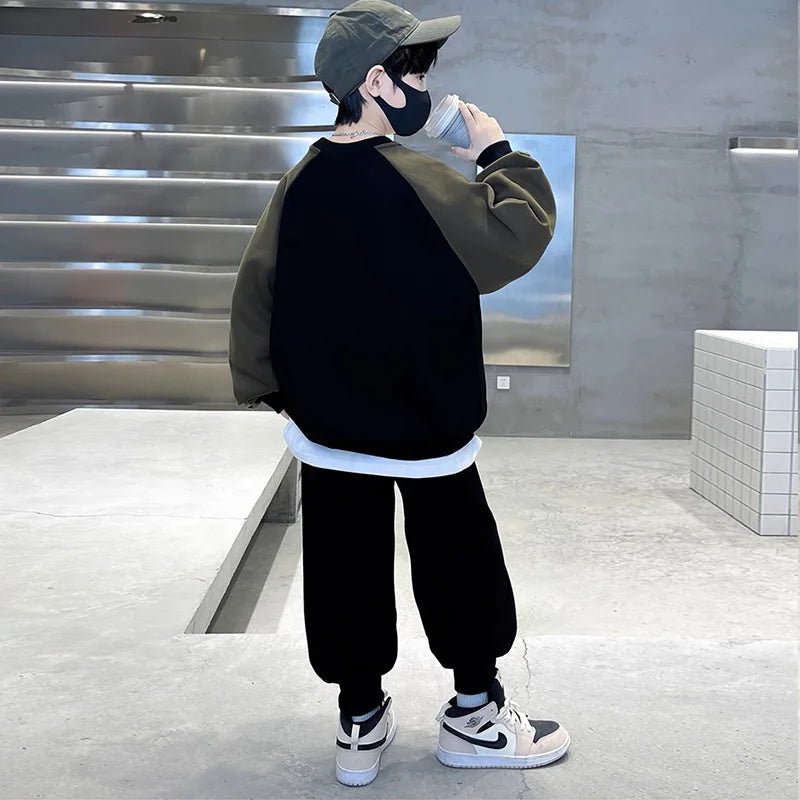 Spring Autumn Boys Patchwork Cartoon Sweatshirt+Sweatpant Workout Set School Kids 2PCS Tracksuit Children Jogging Outfit 5-16 Yr