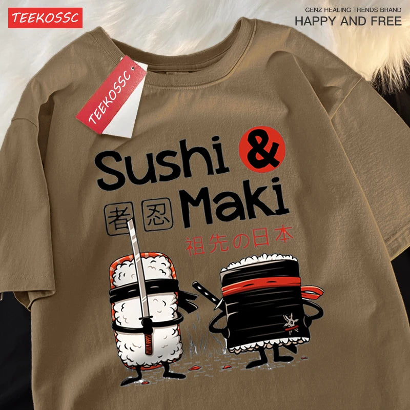 Theduc Sushi And Sushi Printing Men Women Tshirt Cotton T-Shirts Loose T Shirt Crewneck Loose Tops Fashion Clothes Unisex