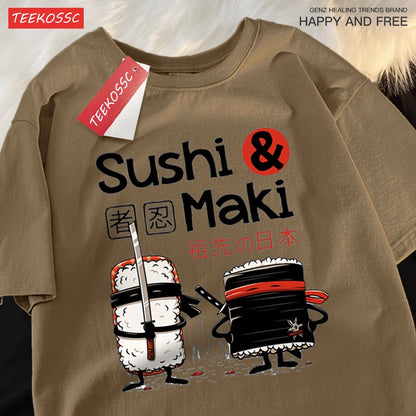 Theduc Sushi And Sushi Printing Men Women Tshirt Cotton T-Shirts Loose T Shirt Crewneck Loose Tops Fashion Clothes Unisex