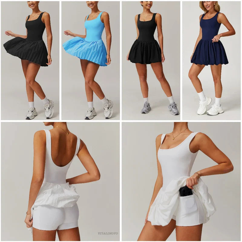 VITALINOVO Workout Tennis Dress with Built in Shorts Square Neck Padded Workout Dress with Pockets Golf Athletic Mini Dresses
