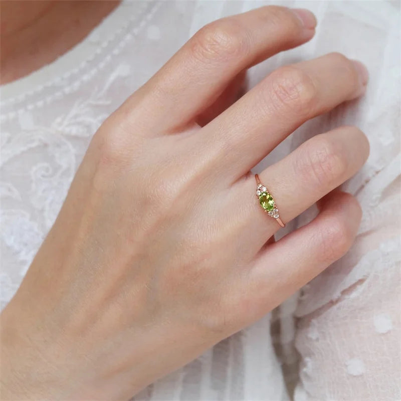 Olive Green Stone Ring Rose Gold Color Oval Zircon Minimalist Stacking