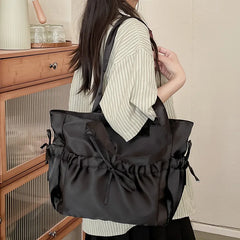 Elegant Bow Womens Shoulder Bag Nylon Pleated Korean Style Fashion Tote Bag