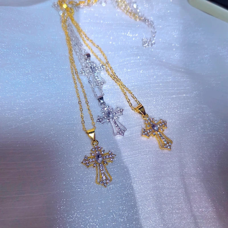 Gothic Big Zircon Cross Necklace Unisex Y2K Irregular Goth Large Cross Pendant Necklaces  for Men Women Couple Necklace Jewelry