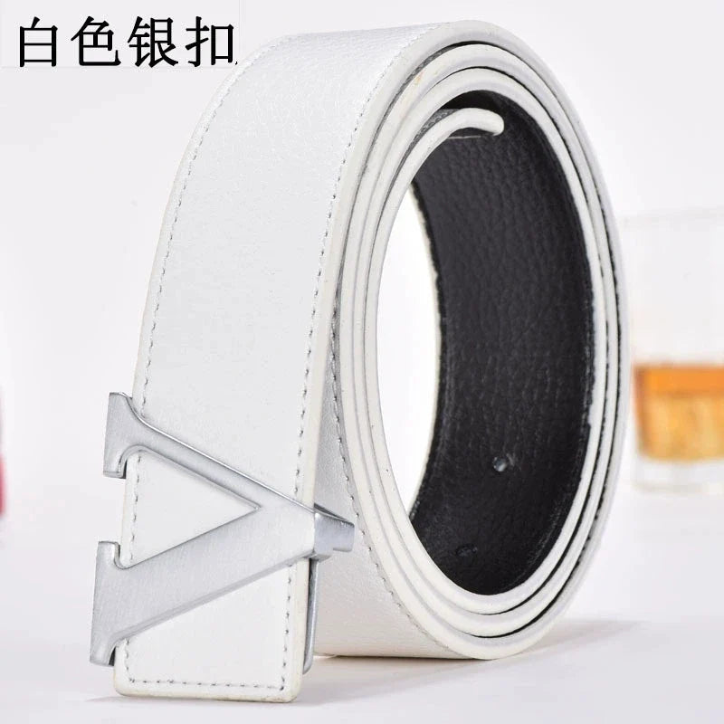 Men's high-end belt with smooth buckle; Korean style fashion trend letter V belt; men's belt