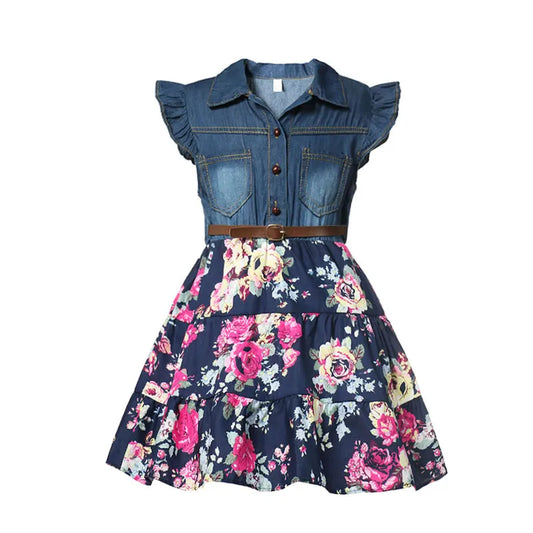 Summer Denim Dress Belted Above Knee Floral Bottom Girls Casual