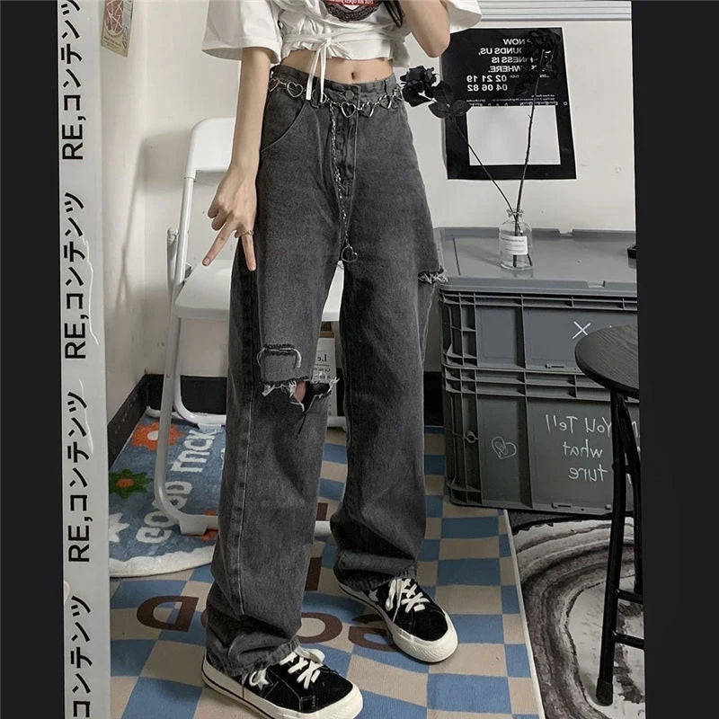 Vintage Streetwear Dark Gray Jeans Women Y2K High Waist Ripped Denim Trousers