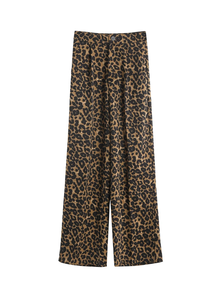 Vintage Leopard Print Women Trousers Loose High Waist Zipper Lady  Wide Leg Pant