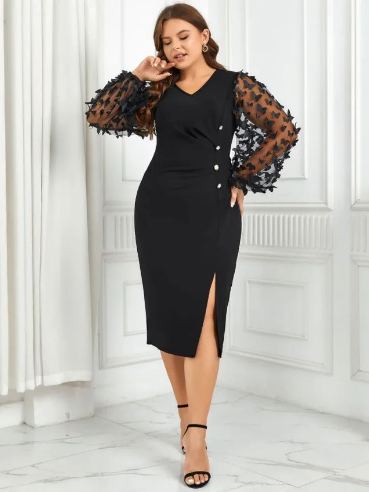 Plus Size Side Split Women Dresses V Neck See Through Puff Long Sleeves Autumn Fall Sprimg Robe Solid Button Female Clothing