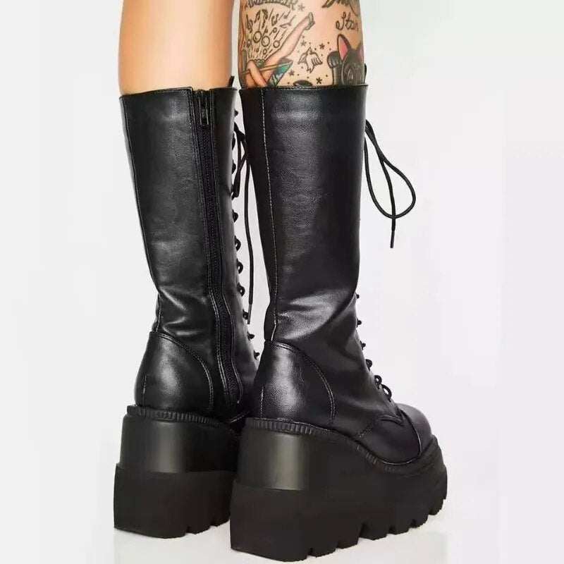 Winter Boots Women Platform Shoes Booties Rain Combat Military Short Leather Black