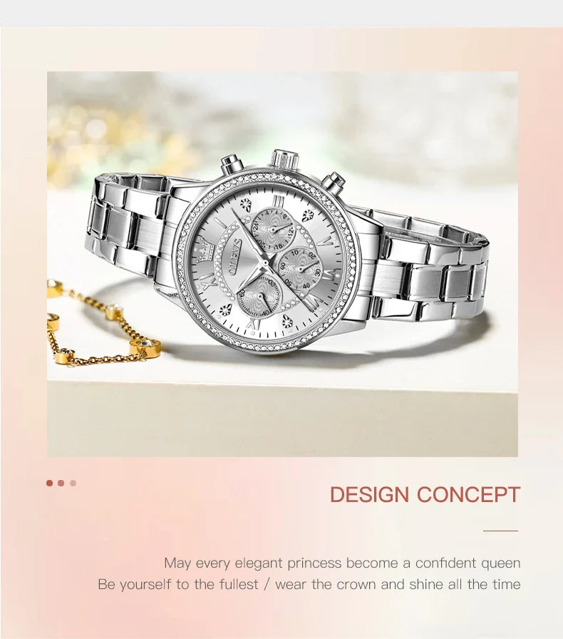 OLEVS Women's Watches Top Brand Luxury Original Quartz Watch for Ladies Chronograph Waterproof Luminous Rhinestone Dial 24 Hour