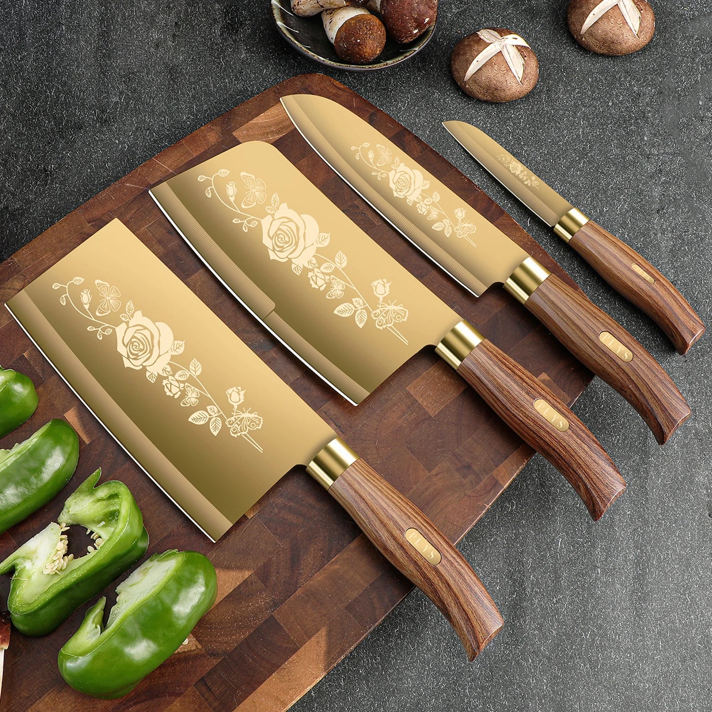 Commercial Gold Kitchen Knives Complete - Special vegetable, meat, and bone knives