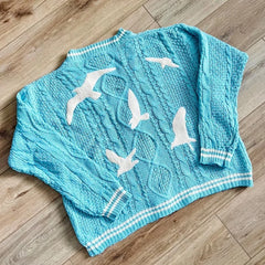 Blue Cardigan 1989 for Women's Autumn and Winter Bird Embroidery Special Knit