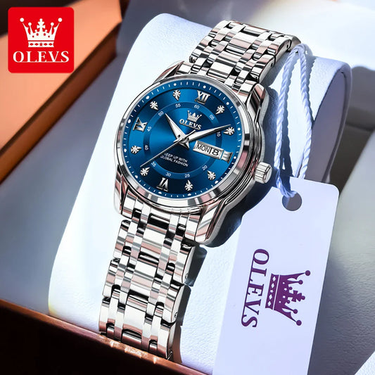 OLEVS 5513 Quartz Watch for Women Diamond Scale Dual Calendar Stainless Steel Strap Waterproof Watch Elegant Ladies Wristwatches