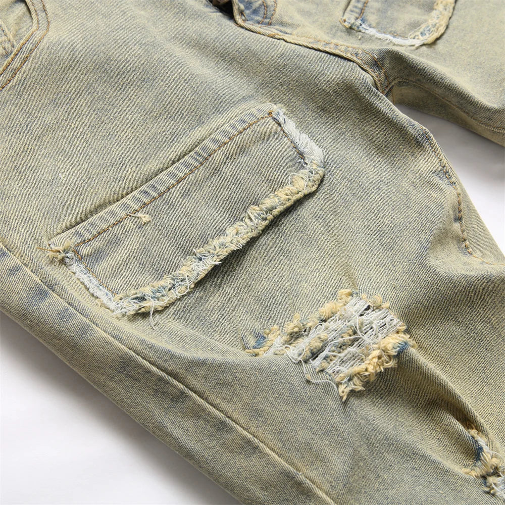 Streetwear Retro Style Men Ripped Spliced Slim Jeans Trousers Hip hop Holes