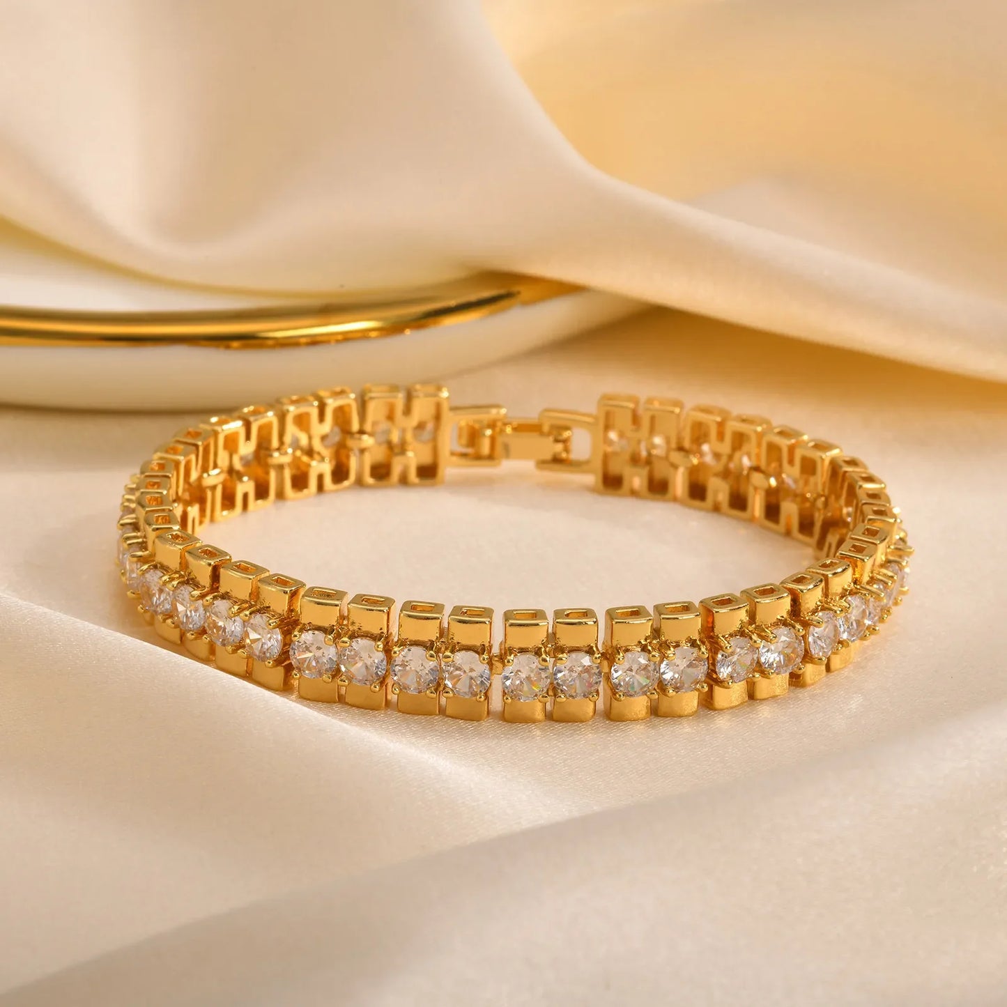 Paperclip Chain Bracelet 14K Gold Plated Cubic Zirconia Watch Strap Chunky Link Adjustable Stackable Jewelry For Women Girl Gift